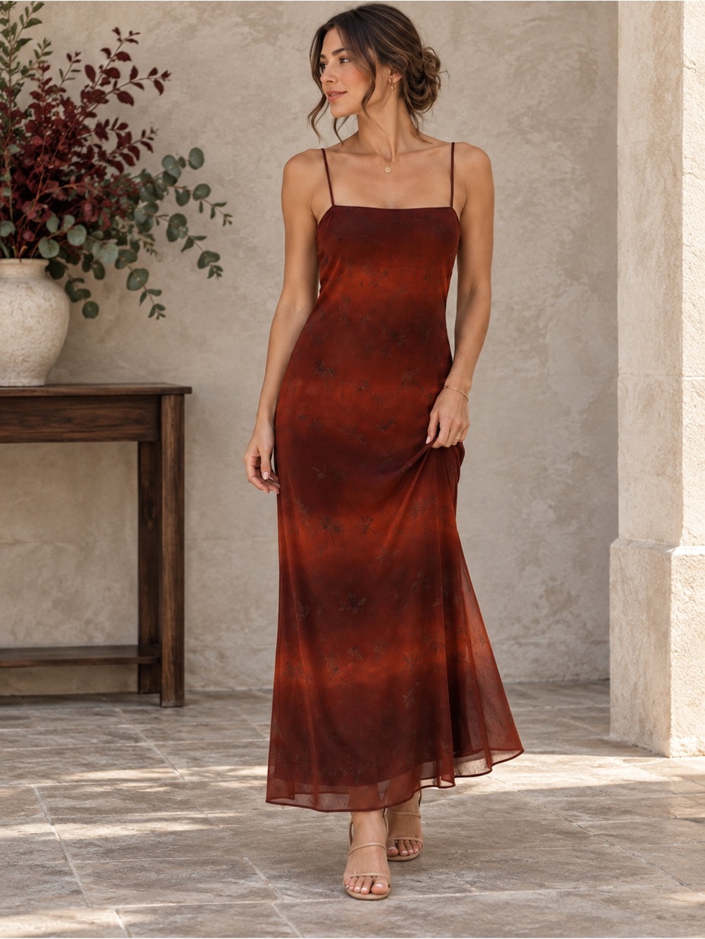Vintage Y2K Rust Burgundy Ombre Chiffon Slip Maxi Dress Dark Romantic NWT